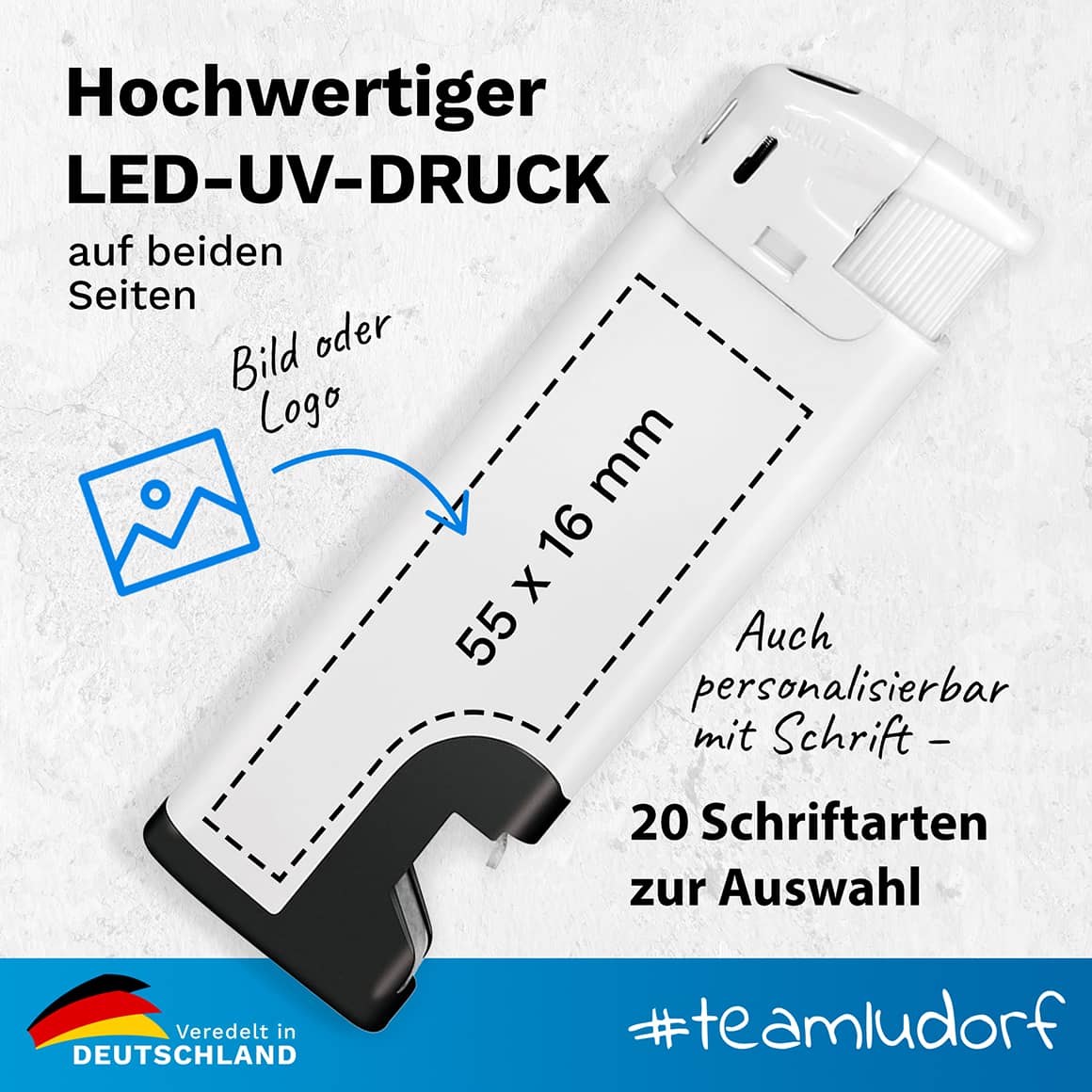 Werbe Feuerzeug mit schwarzem Flaschenöffner und hochwertigem LED-UV-Druck – auch personalisierbar mit Schrift (20 Schriftarten zur Auswahl)