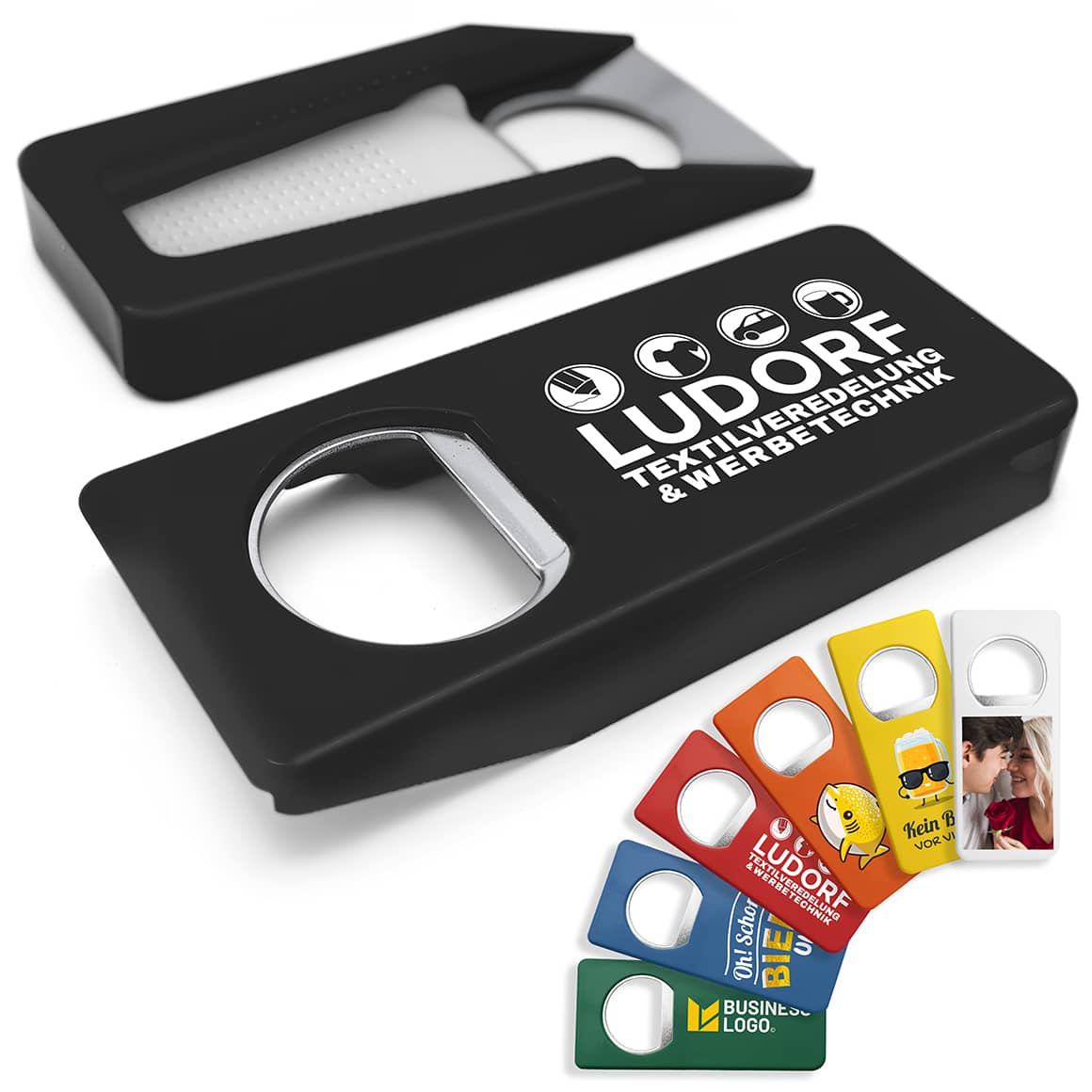 Schwarzer Flaschenöffner mit Verschluss – ideal für Werbedruck und Firmenlogo