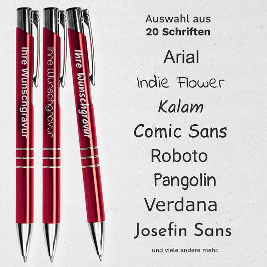 20 Schriftarten zur Auswahl für individuelle Gravur auf Metall-Kugelschreiber GAMMA