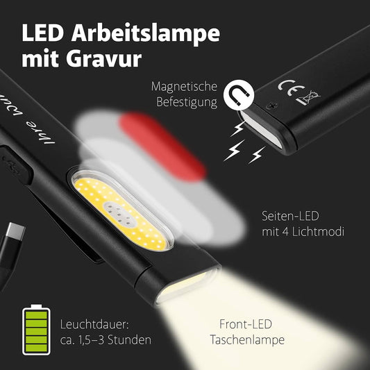 LED Arbeitslampe mit Gravur – Frontlicht, Seitenlicht, rotes Blinklicht und Magnetbefestigung