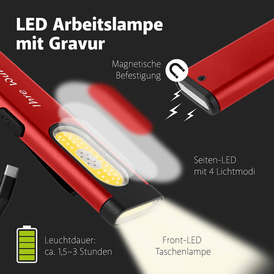LED Arbeitslampe mit Gravur – Frontlicht, Seitenlicht, rotes Blinklicht und Magnetbefestigung