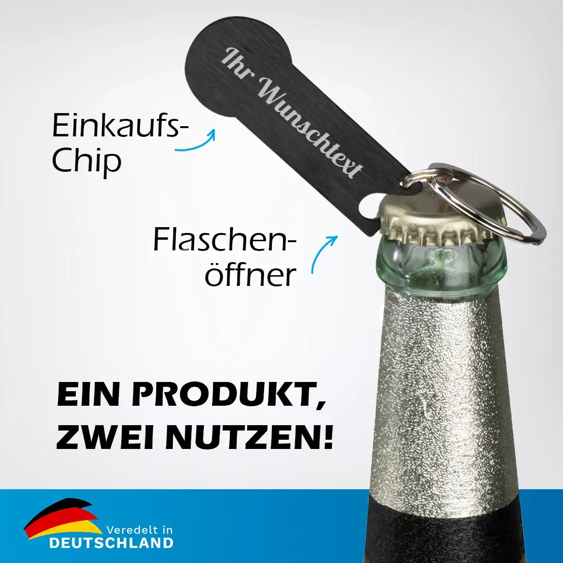 Schlüsselanhänger mit zwei Funktionen – Einkaufschip und Flaschenöffner in einem Produkt