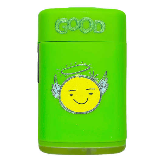 Grünes Sturmfeuerzeug mit Emoji GOOD Druck und robuster Jet-Flamme