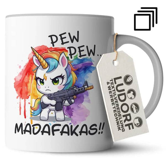 Grau Kaffeetasse mit Einhorn-Motiv, das "Pew Pew Madafakas" ruft. #teamludorf