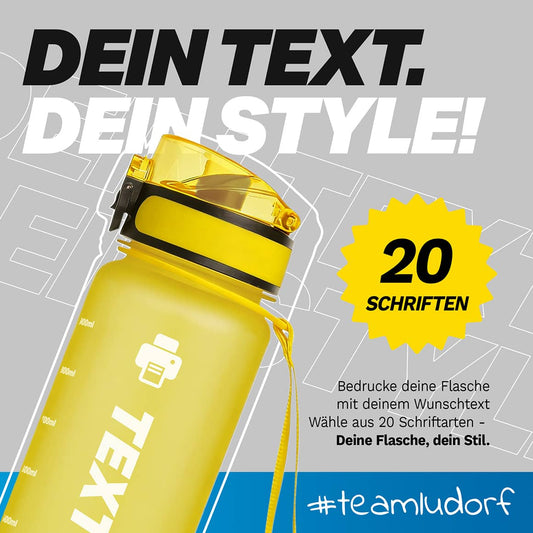 Trinkflasche CAMPOS 1000 ml – Auswahl aus über 20 Schriftarten für individuelle Gravur oder Druck mit Logo