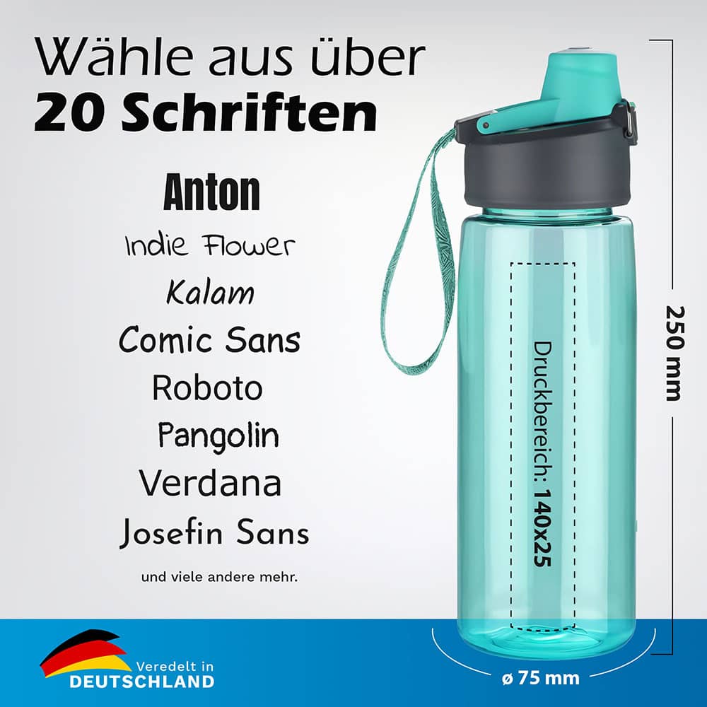 Auswahl an Schriftarten zur individuellen Personalisierung der #teamludorf TRIO Trinkflasche – bedruckbar mit Name oder Wunschtext