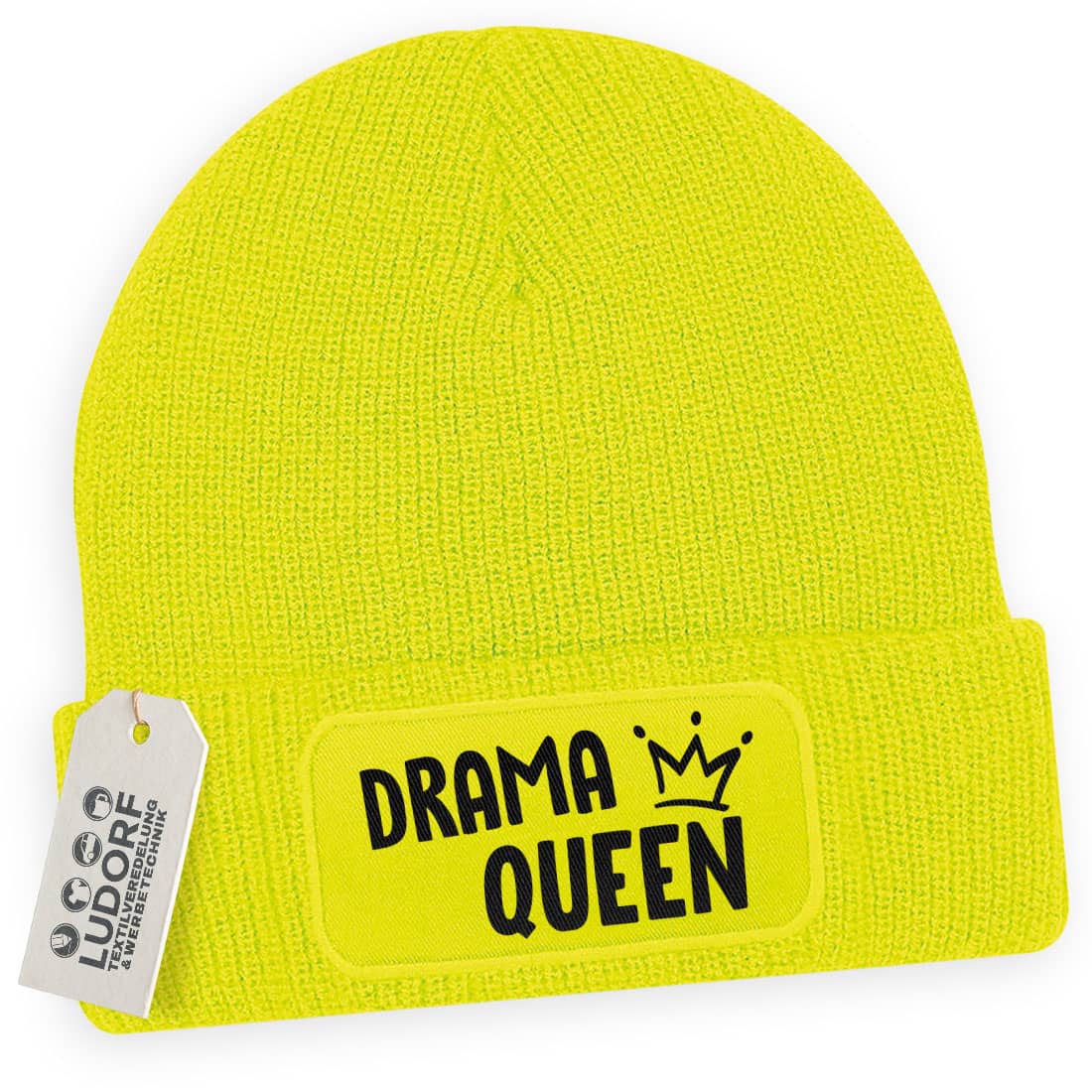 Neongelbe Wintermütze mit Aufdruck ‚Drama Queen‘