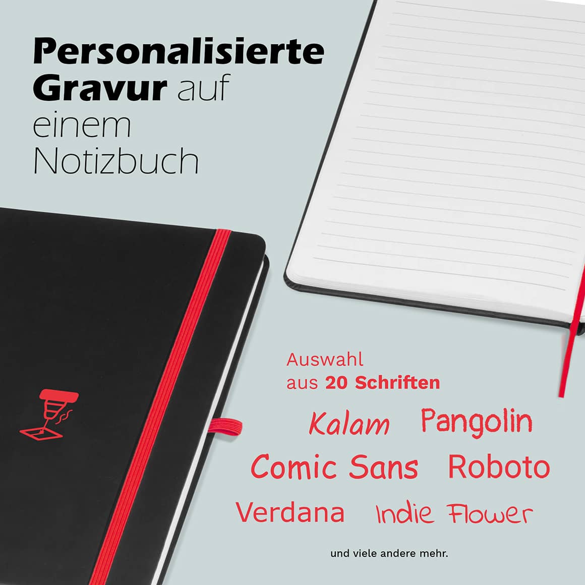 Personalisierung des A5 Notizbuchs mit 20 auswählbaren Schriftarten