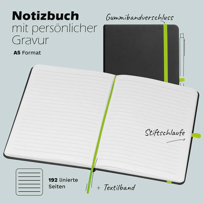 Notizbuch A5 mit Lesebändchen, Gummibandverschluss und 192 Seiten