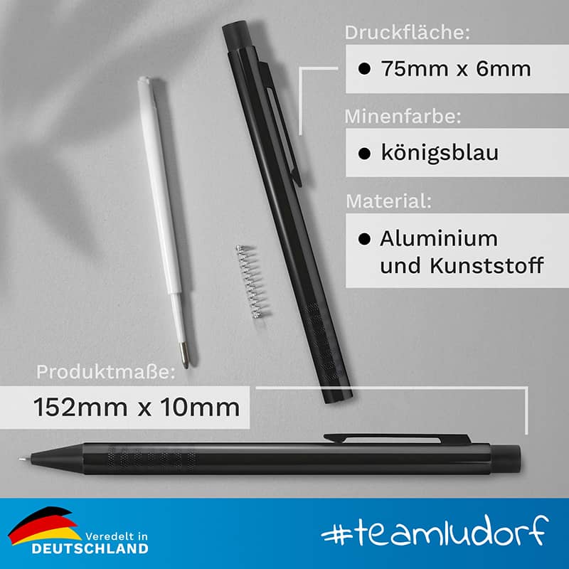 Zerlegter ALPHA Kugelschreiber mit sichtbaren Einzelteilen und genauen Maßen – technische Darstellung des Stifts.