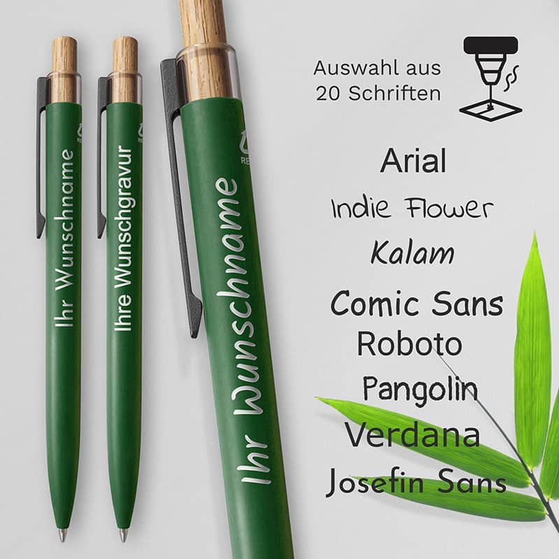 Detailaufnahme des gravierten Aluminium-Kugelschreibers mit Hinweis auf 20 wählbare Schriftarten