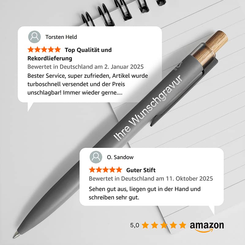 Kundenbewertungen für den Alu-Kugelschreiber mit Gravur – 5,0 Sterne auf Amazon