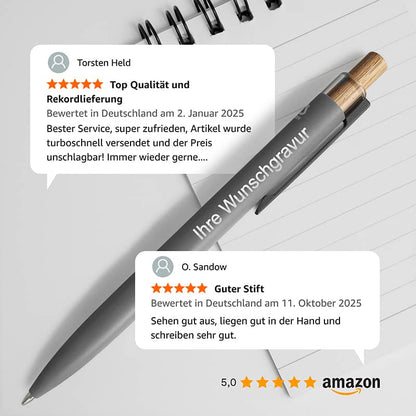 Kundenbewertungen für den Alu-Kugelschreiber mit Gravur – 5,0 Sterne auf Amazon