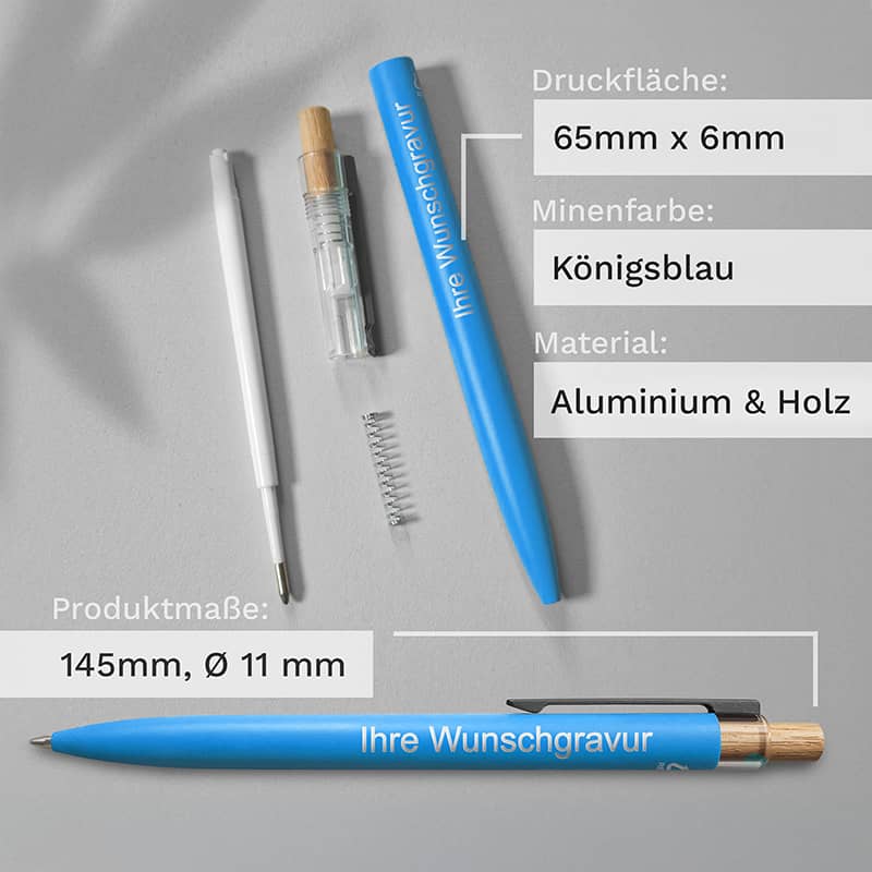 Technische Details des Aluminium-Kugelschreibers – Gravurfläche und Komponenten im Überblick