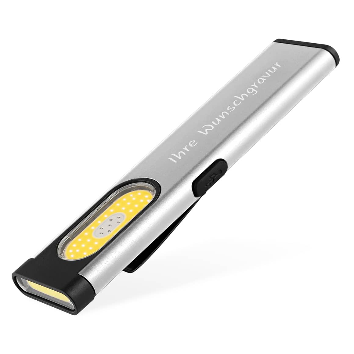 Silberne Arbeitslampe mit personalisierter Gravur aus Aluminium
