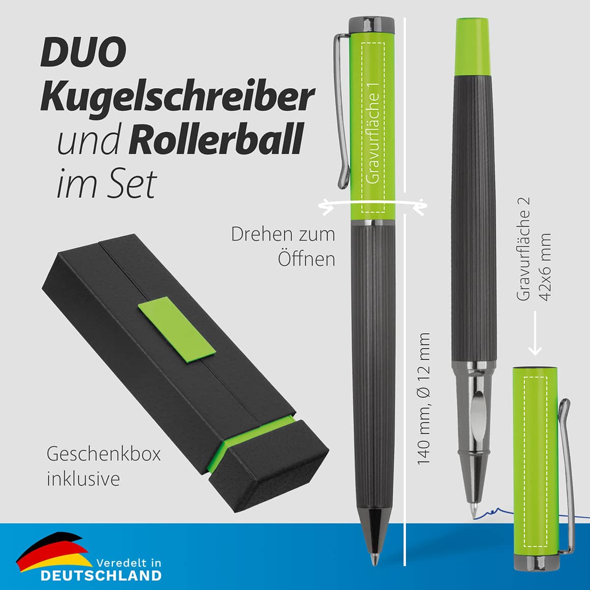 Metall-Schreibset DUO Kugelschreiber & Rollerball mit Maßen, Gravurfläche bis 42 × 6 mm, technische Details