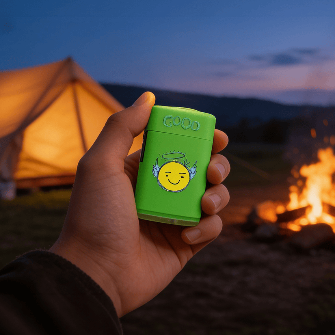 Emoji Sturmfeuerzeug in der Hand beim Camping mit Feuer und Outdoor Atmosphäre