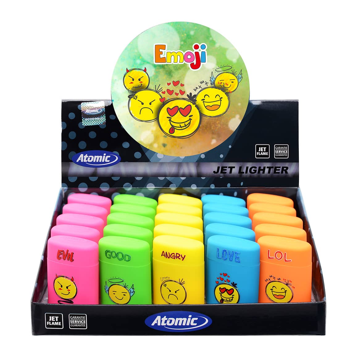 Emoji Sturmfeuerzeug Set mit verschiedenen Farben und Motiven in einer Geschenkbox