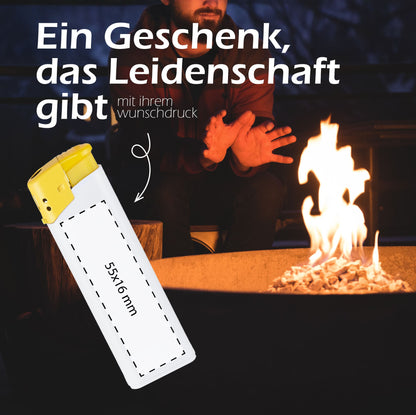 Feuerzeug mit individuellem Wunschdruck – Slogan „Ein Geschenk, das Leidenschaft gibt“ auf zweifarbigem Feuerzeug