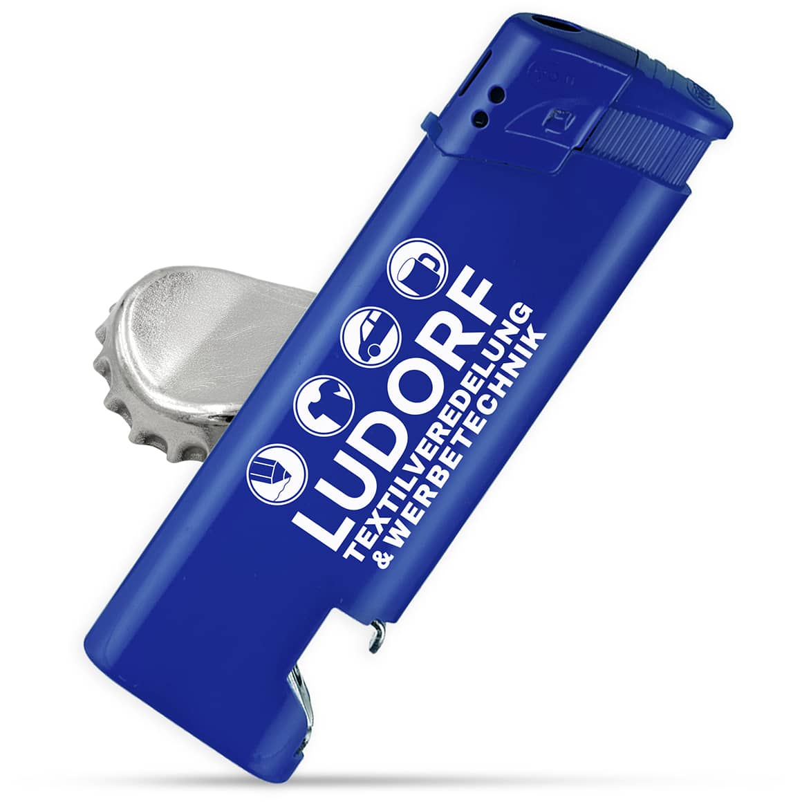 Blaues Feuerzeug mit Flaschenöffner – personalisierbar durch hochwertigen LED-UV-Druck