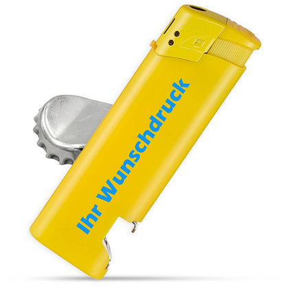 Gelbes Feuerzeug mit Flaschenöffner – auffällige Farbe, personalisierbar mit Schriftzug oder Logo