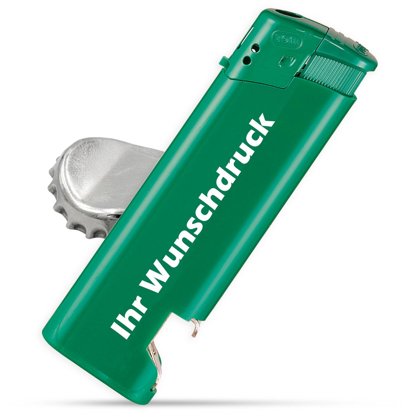Grünes Feuerzeug mit Flaschenöffner – individuell bedruckbar mit eigenem Design