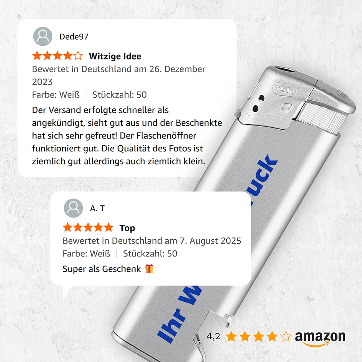 Kundenbewertungen zum personalisierten Feuerzeug mit Flaschenöffner – 4,2 Sterne auf Amazon