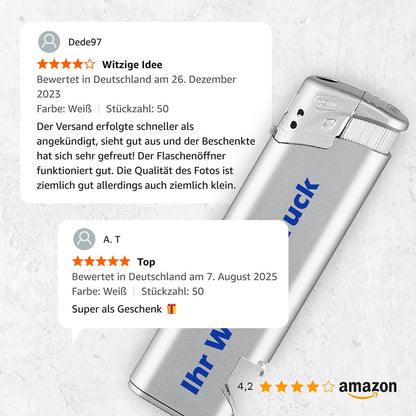 Kundenbewertungen zum personalisierten Feuerzeug mit Flaschenöffner – 4,2 Sterne auf Amazon