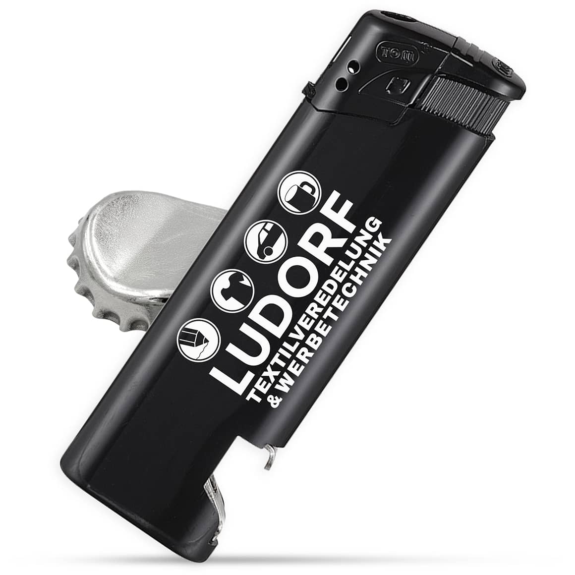 Schwarzes Feuerzeug mit Flaschenöffner – edles Design, personalisierbar mit eigenem Logo