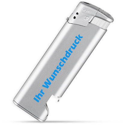 Silbernes Feuerzeug mit Flaschenöffner – hochwertige Optik, perfekt für Werbedruck