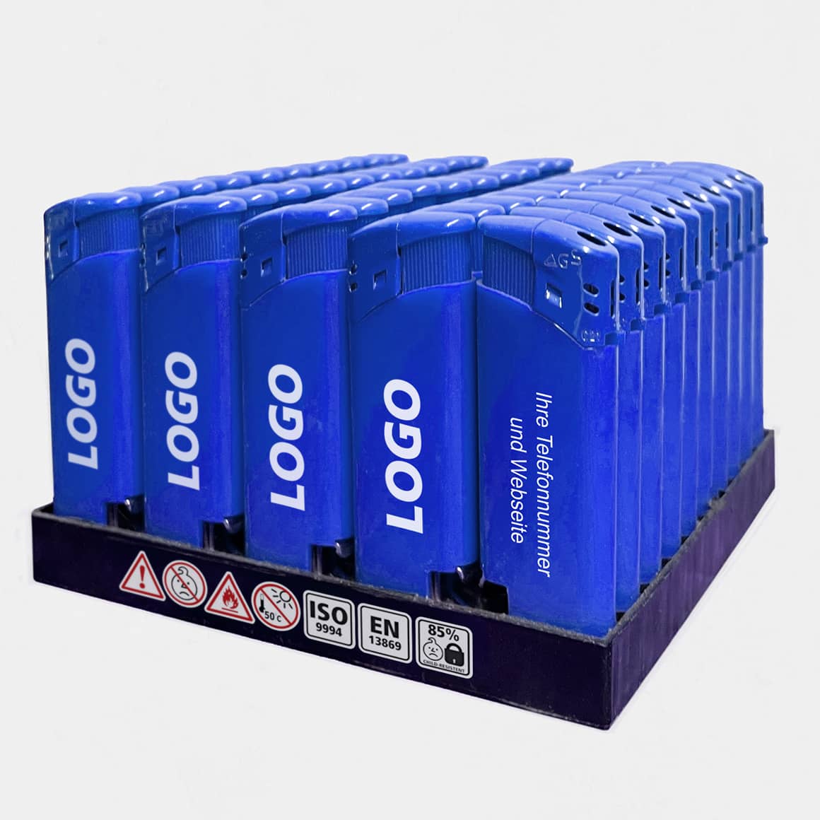 50 personalisierte Feuerzeuge mit Flaschenöffner in Verpackung – ideal als Werbegeschenk