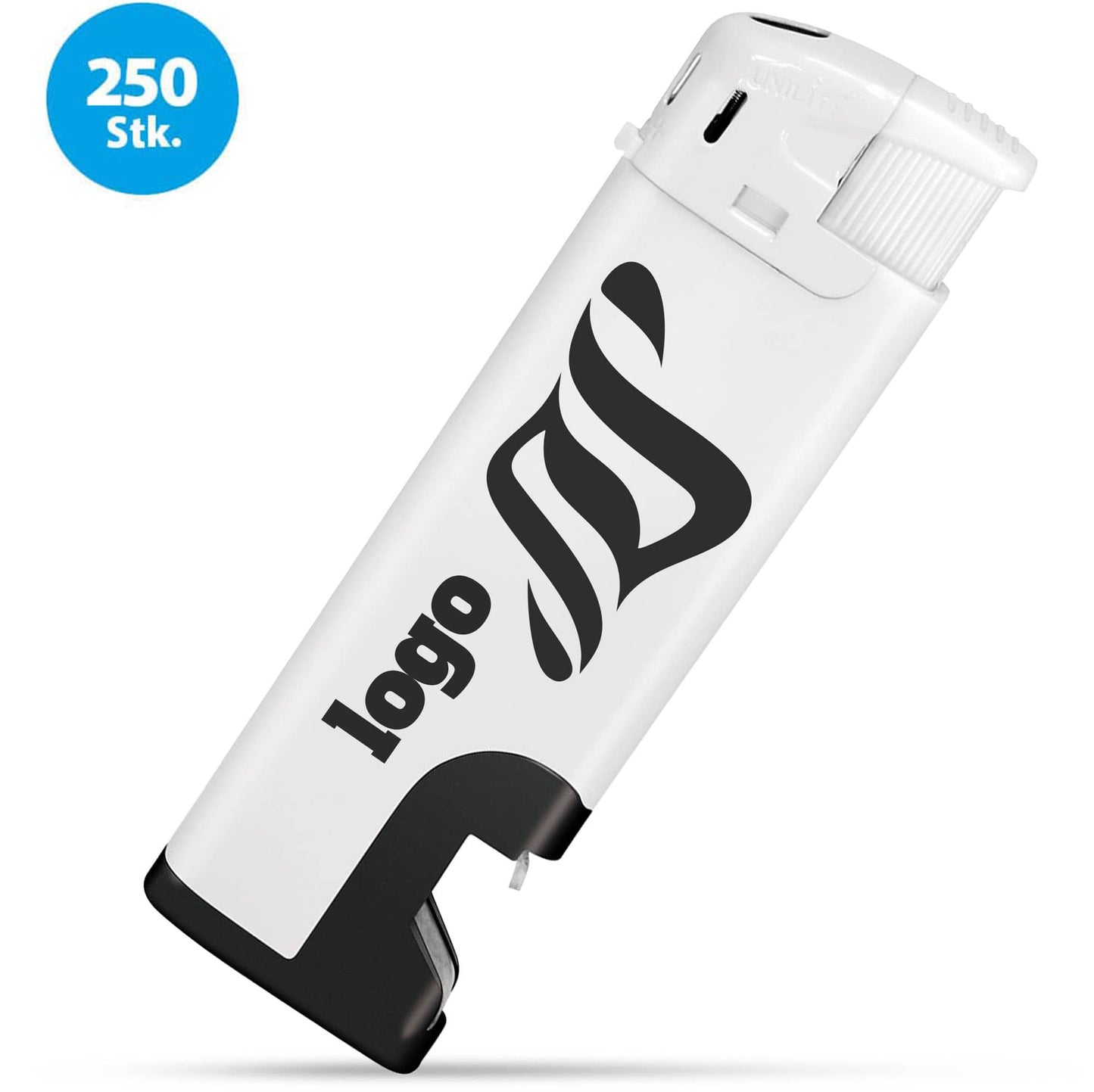 Großpackung mit 250 weißen Feuerzeugen mit schwarzem Flaschenöffner – perfekt für Events und Firmen