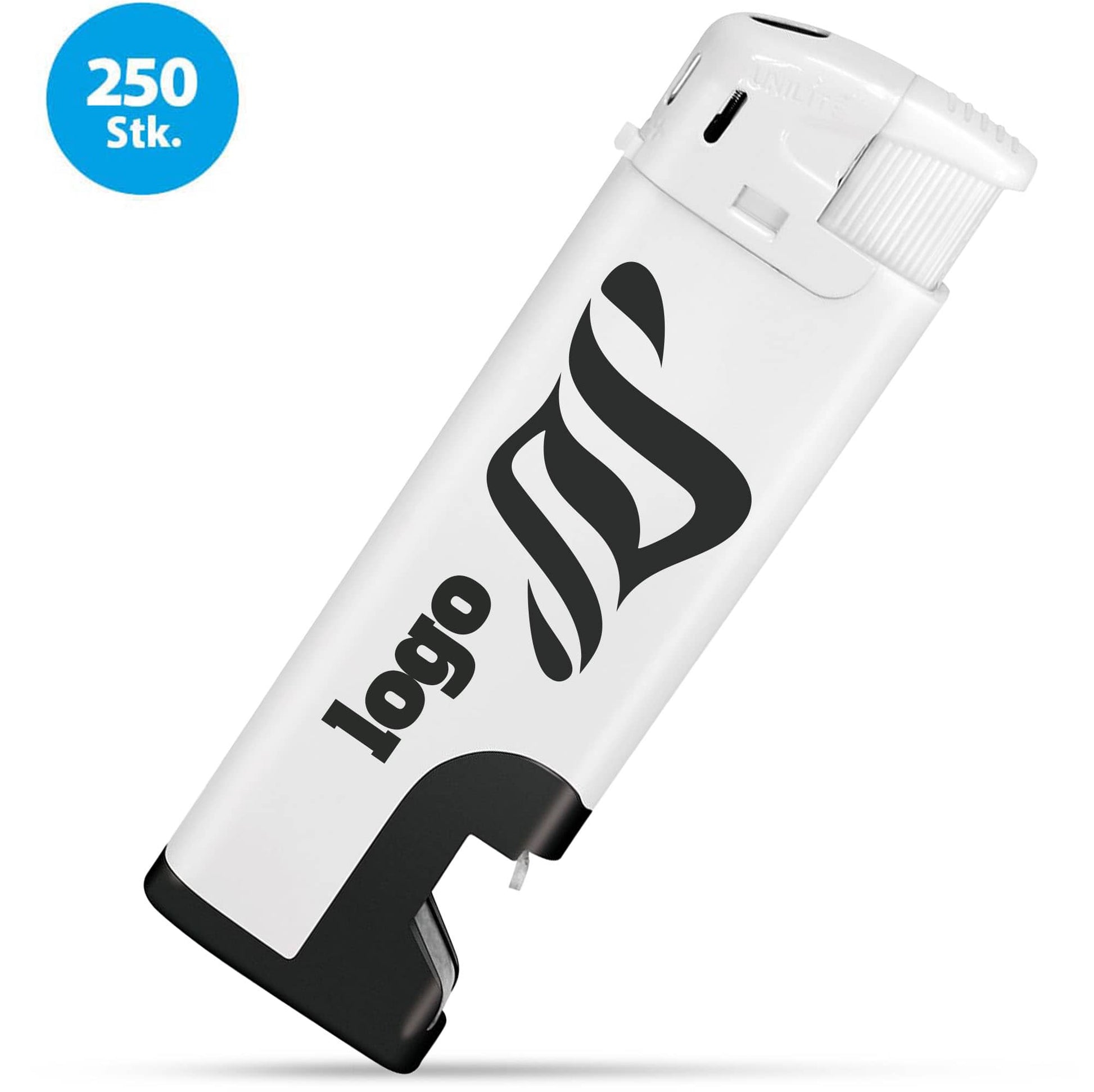 Großpackung mit 250 weißen Feuerzeugen mit schwarzem Flaschenöffner – perfekt für Events und Firmen