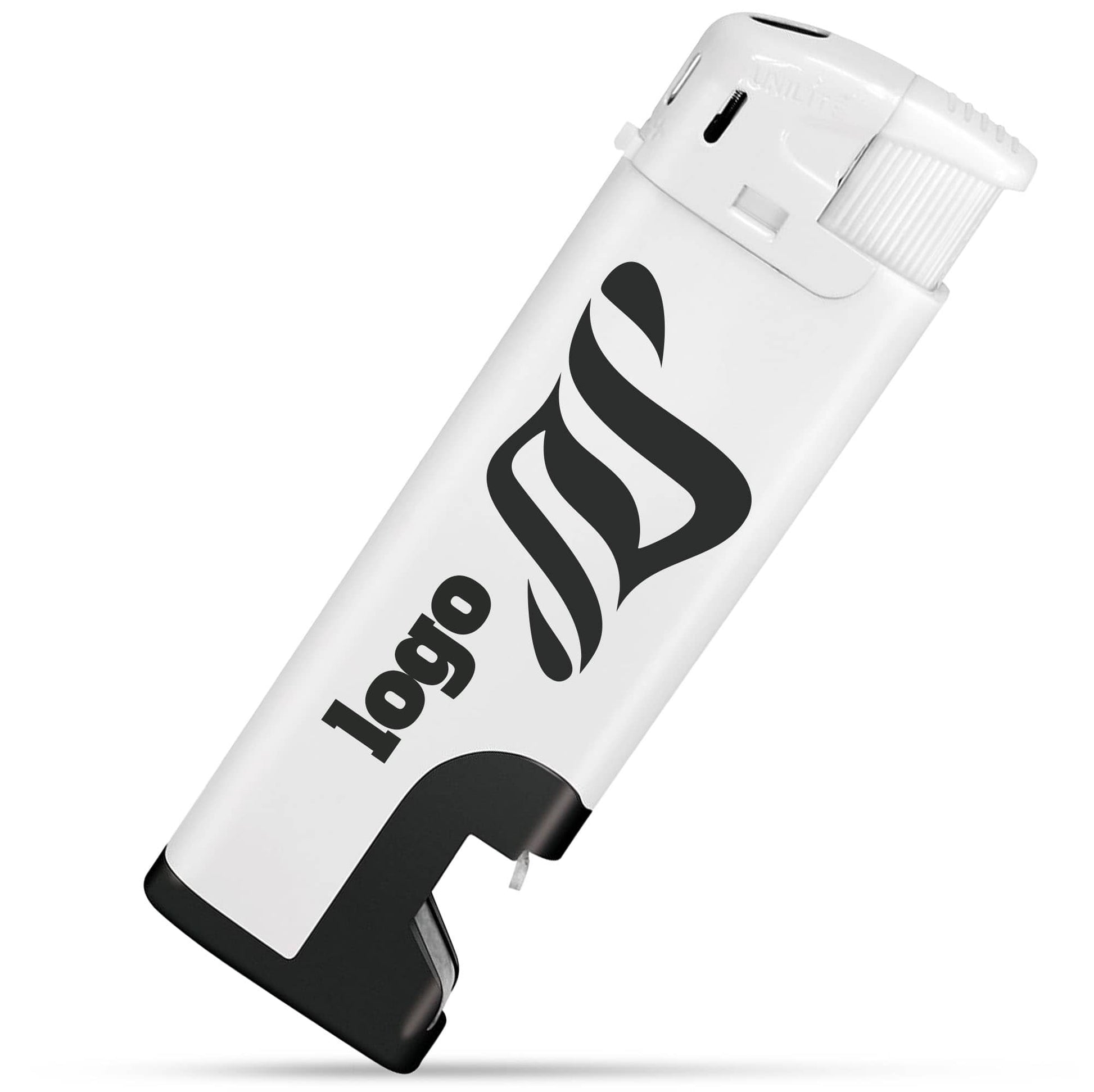 Weißes Feuerzeug mit schwarzem Flaschenöffner