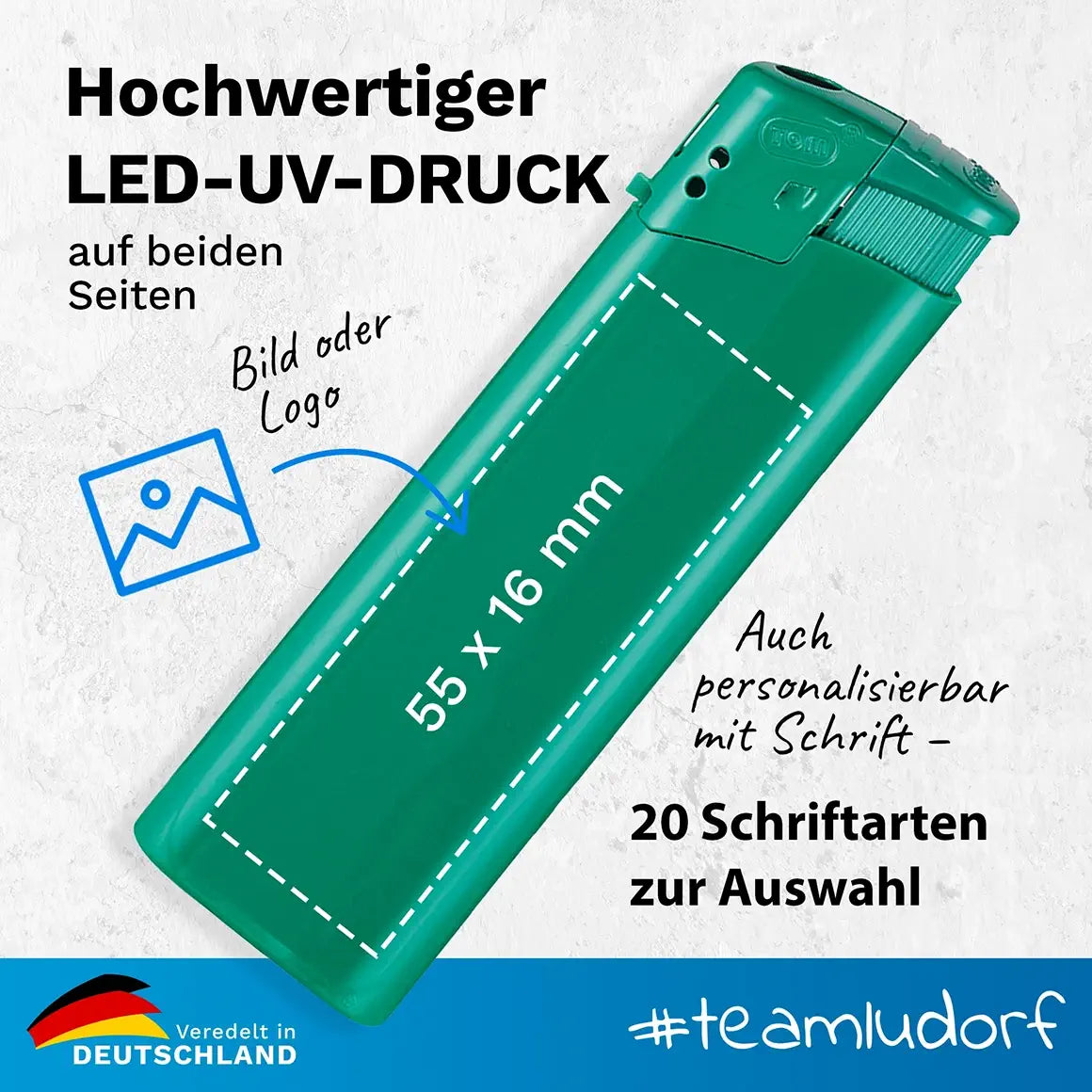 Personalisierte Feuerzeuge mit UV-Druck – Dein Design, Dein Logo, Deine Werbung Ludorf Textilveredelung & Werbetechnik