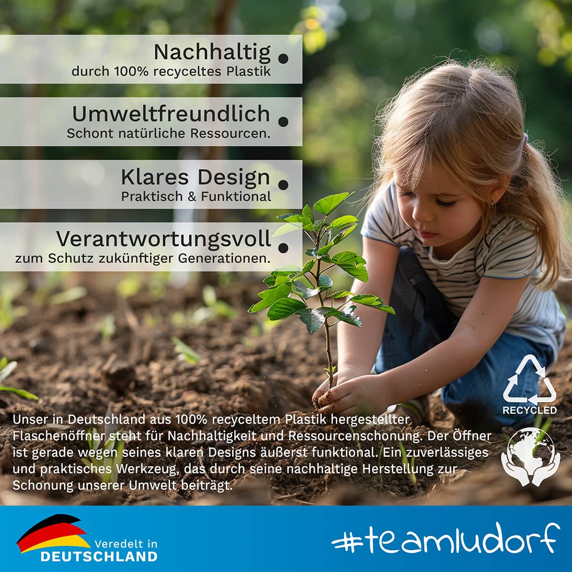 Junge Frau neben Baum – Flaschenöffner mit Verschluss aus recyceltem Kunststoff, umweltfreundlich hergestellt