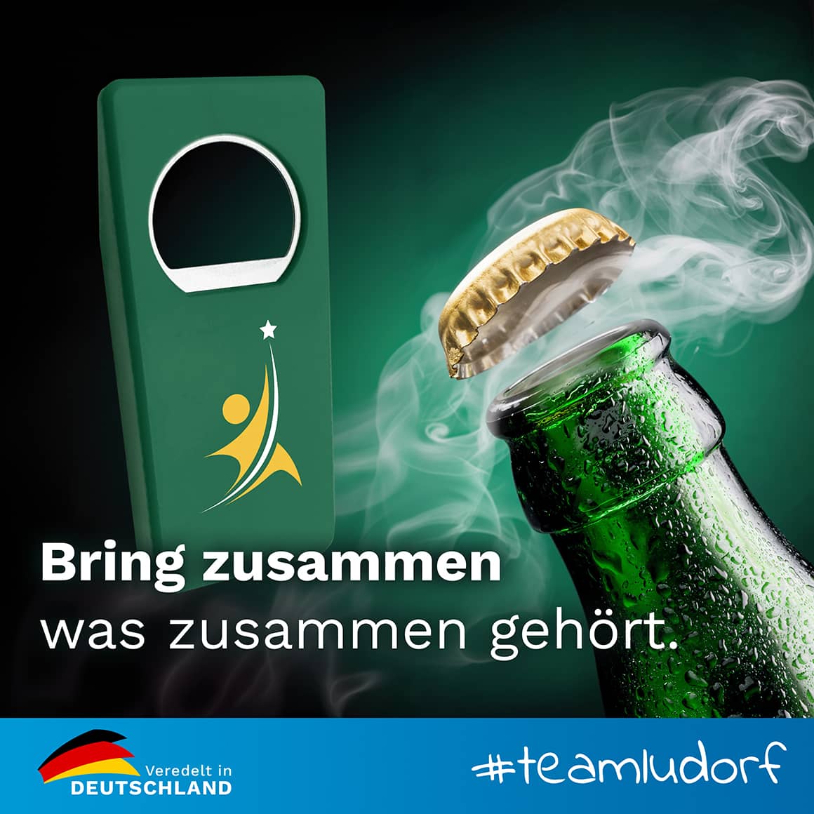 Geöffnete Flasche mit Rauch-Effekt und Slogan „Bring zusammen, was zusammen gehört“ – Symbol für Gemeinschaft und Genuss