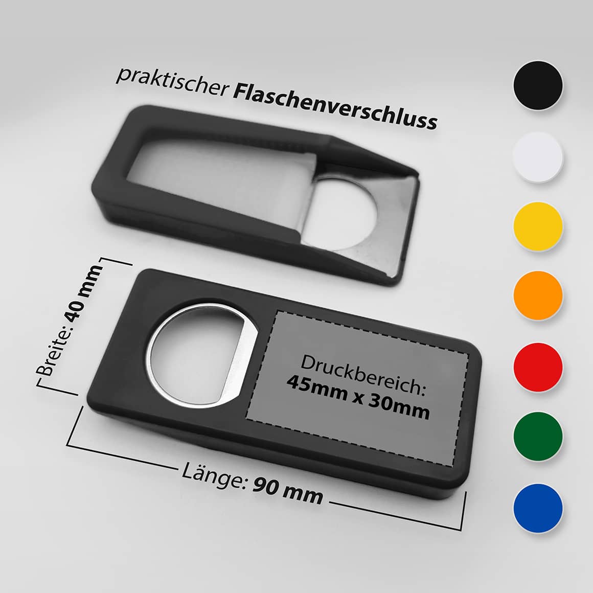 Technische Zeichnung des Flaschenöffners mit Verschluss – Abmessungen und markierte Druckfläche für Logo oder Text