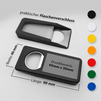 Technische Zeichnung des Flaschenöffners mit Verschluss – Abmessungen und markierte Druckfläche für Logo oder Text