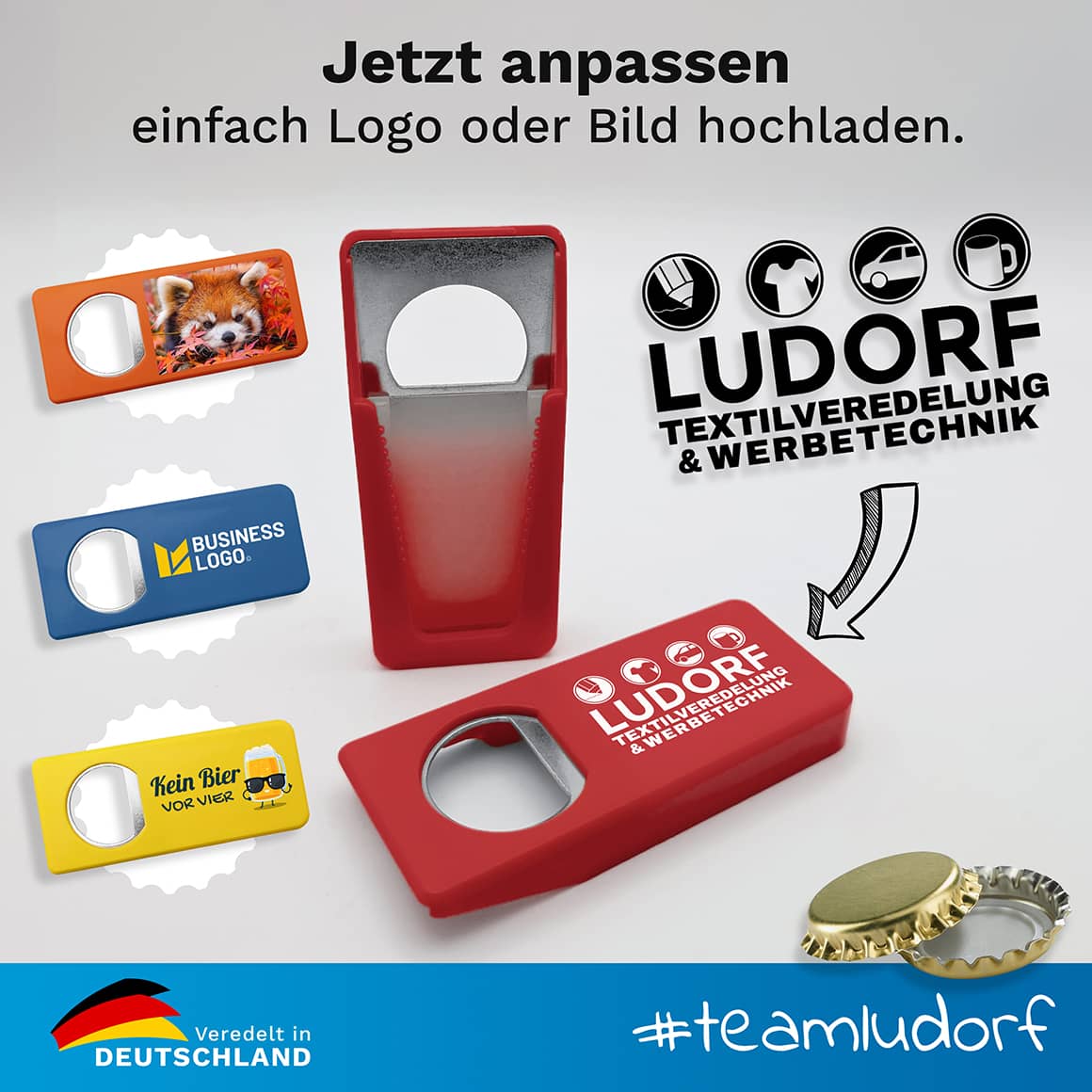 Beispiel für Logodruck auf Flaschenöffner mit Verschluss – Werbeartikel mit individueller Gravur oder Aufdruck