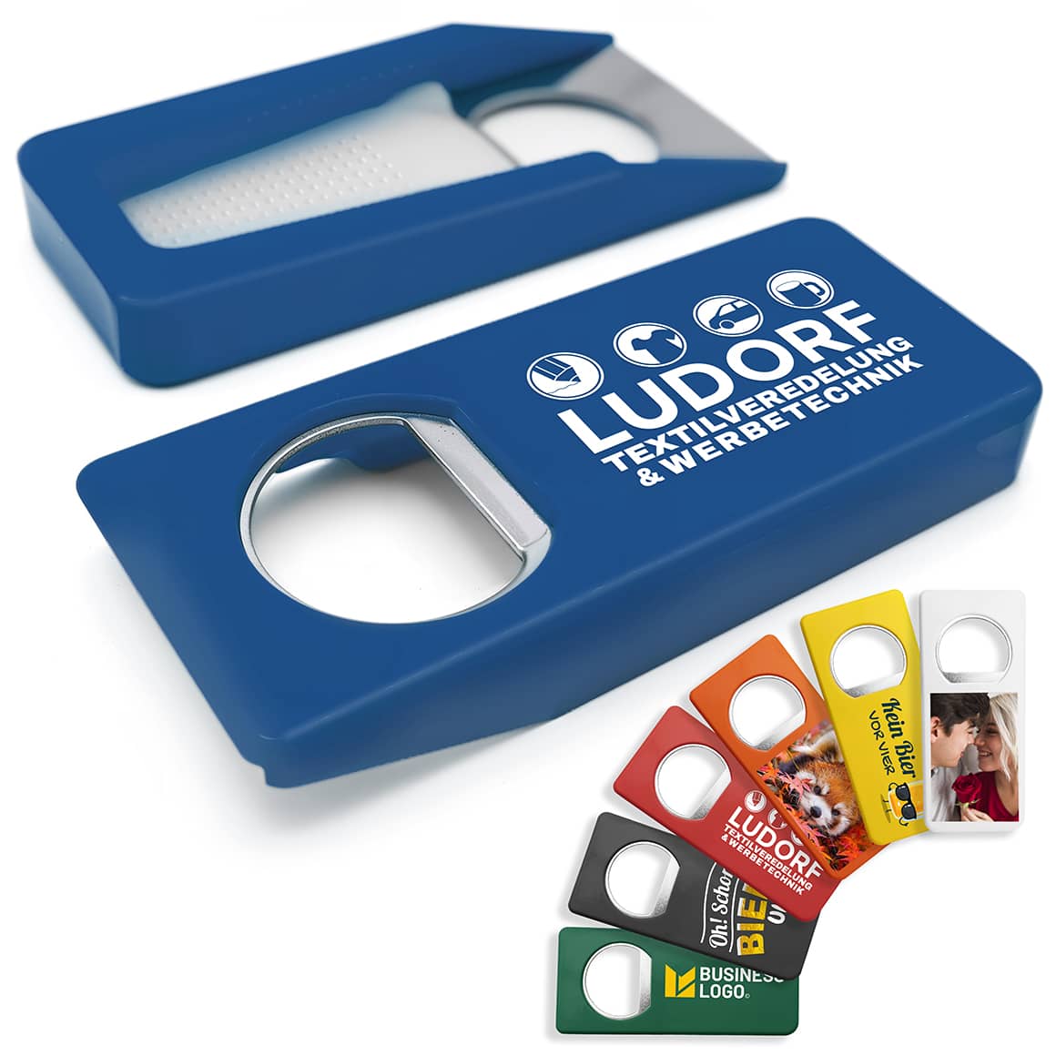 Blauer Flaschenöffner mit Verschluss – hochwertiger Werbeartikel mit Druckfläche