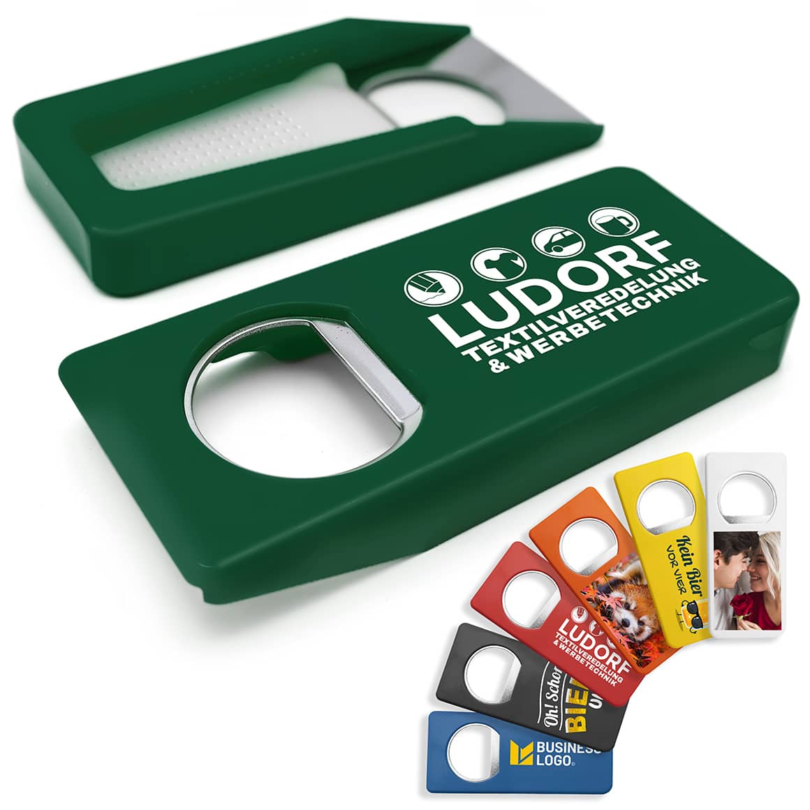 Grüner Flaschenöffner mit Verschluss – individualisierbar mit Ihrem Logo oder Text