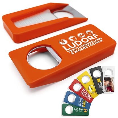 Oranger Flaschenöffner mit Verschluss – personalisierbarer Flaschenöffner mit Logo-Druck