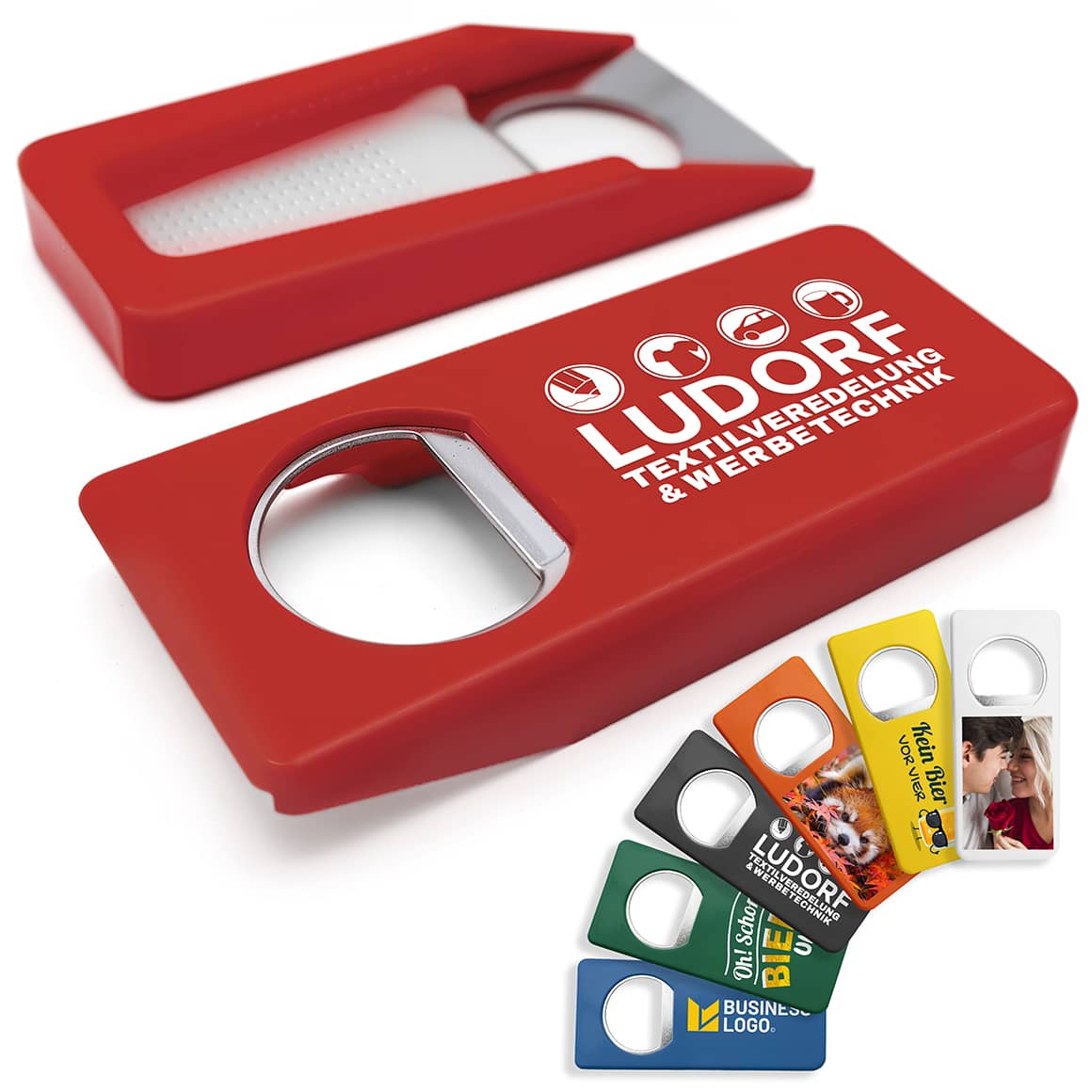 Roter Flaschenöffner mit Verschluss – Werbeartikel mit individuellem Aufdruck