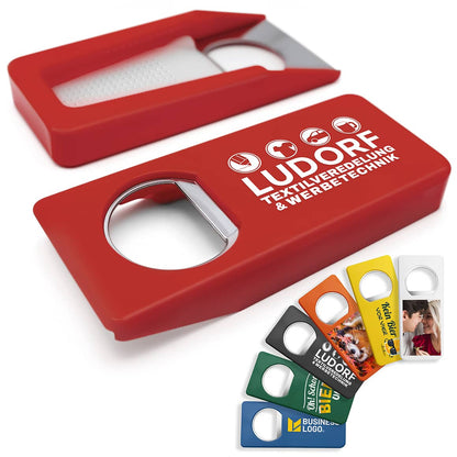 Roter Flaschenöffner mit Verschluss – Werbeartikel mit individuellem Aufdruck