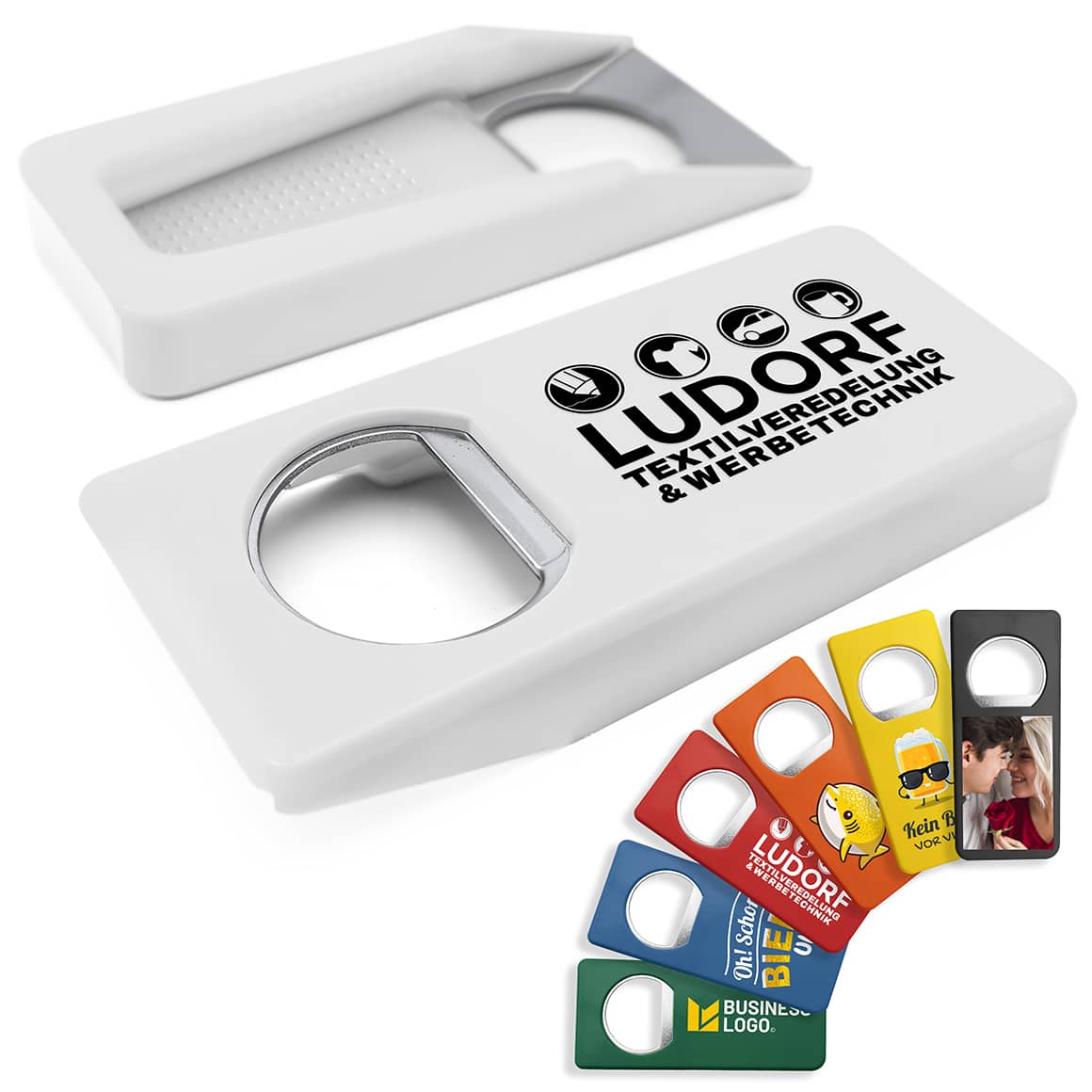 Weißer Flaschenöffner mit Verschluss – personalisierbar mit Logo oder Wunschdruck