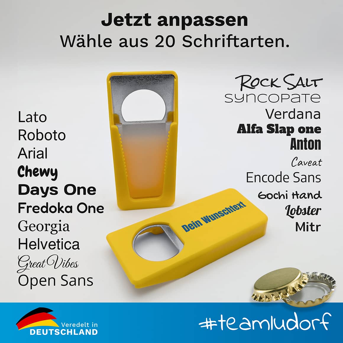 Auswahl von 20 Schriftarten zur Personalisierung – Beispiel für individuelle Beschriftung auf Flaschenöffner mit Verschluss