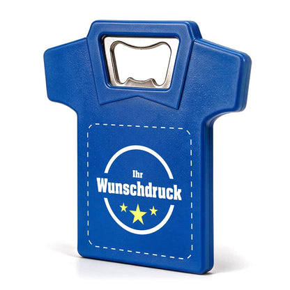 Blauer Flaschenöffner in T-Shirt-Form mit individuellem Druck