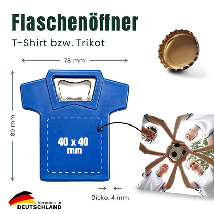 Flaschenöffner in T-Shirt-Form mit Abmessungen und markierter Druckfläche