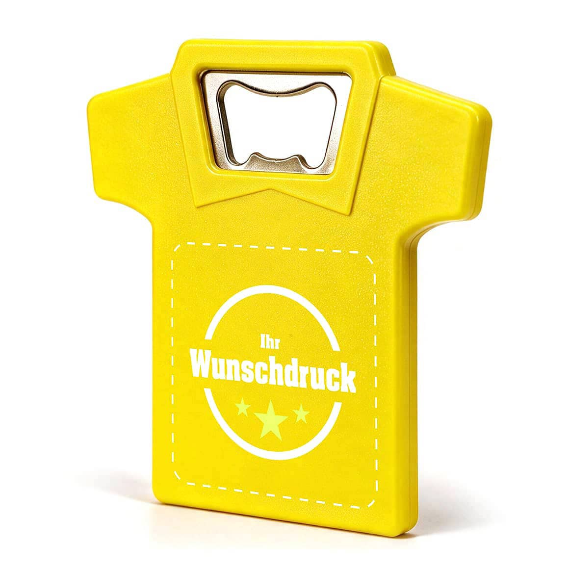 Gelber Flaschenöffner in T-Shirt-Form mit individuellem Druck